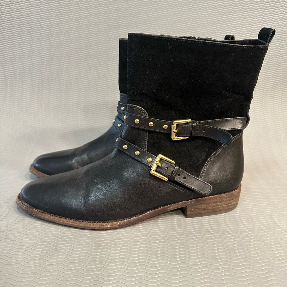 COACH LILLIANA Black Leather Ankle Boots with Gold Buckles